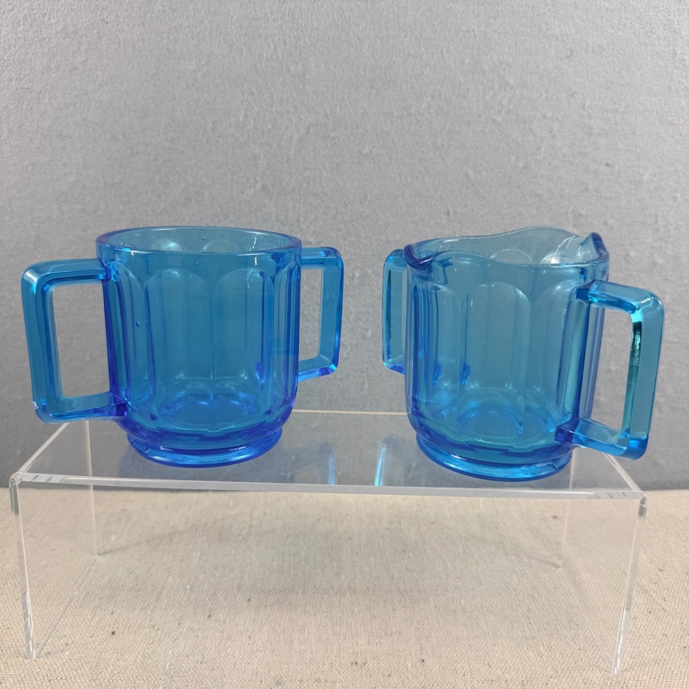 Vintage Indiana Glass Tiara Horizon Blue Colonial Panel Creamer Sugar Set‎ Glows